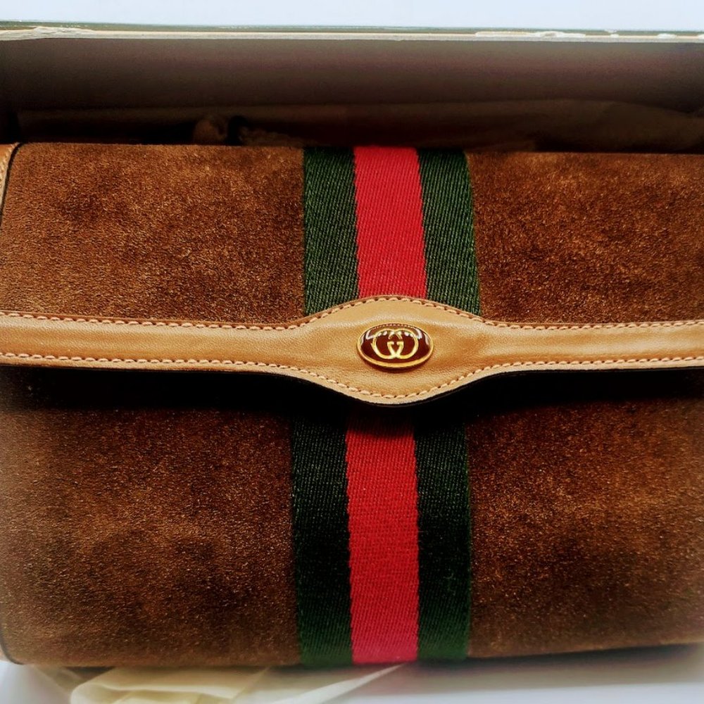 Gucci Vintage Bag Sherry Clutch Handbag Suede leather Beige Medium